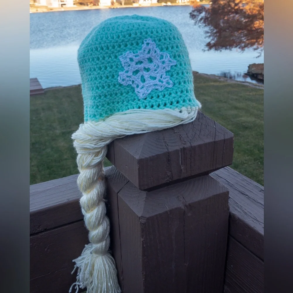 Handmade Crochet Elsa-Inspired Hat – Blue Snowflake Beanie‎ with Long Yarn Braid